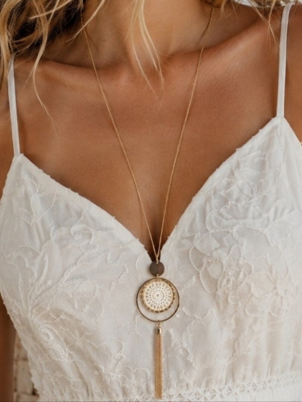 BOSTON PROPER MACRAME TASSEL BOHO NECKLACE